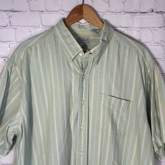 Men’s L.L. Bean XL Green short sleeve striped button-up shirt #0XL82 READ - Picture 2 of 8